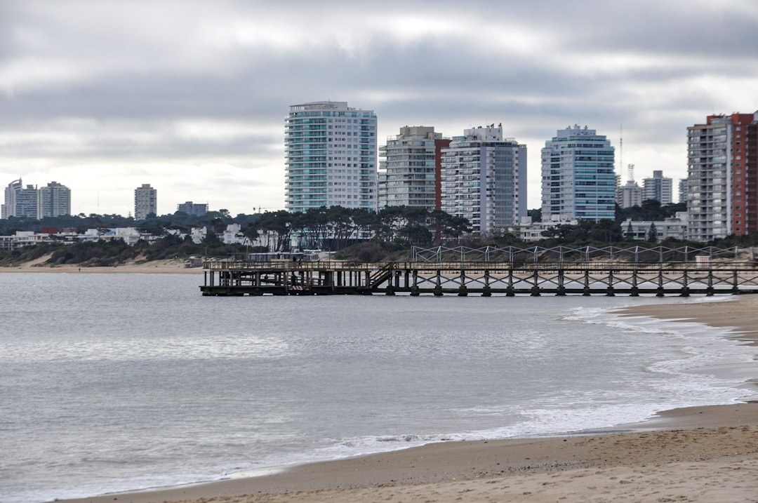 Wavy pedestrian bridge Puente de la Barra in Punta del Este with an exotic car crossing